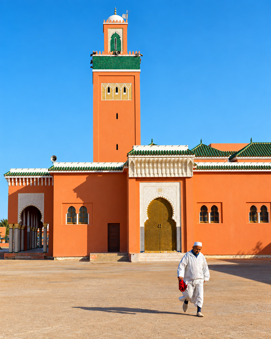 Warm-coloured mosque façade with a minaret, green roof tiles and an ornate entrance
