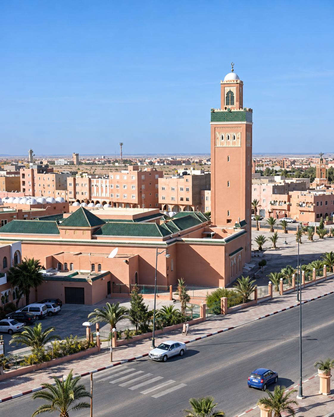 Minaret rising above green-tiled mosque roofs and city streets in Laâyoune