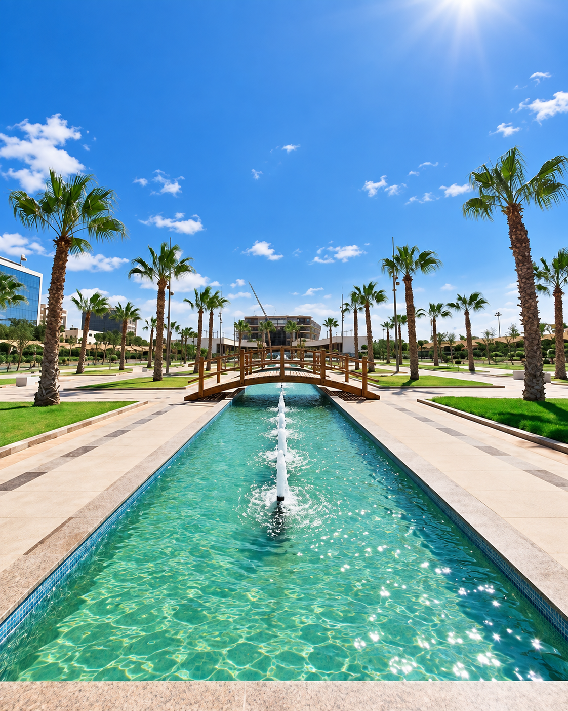 Palm-lined park with a canal, fountains and a small footbridge