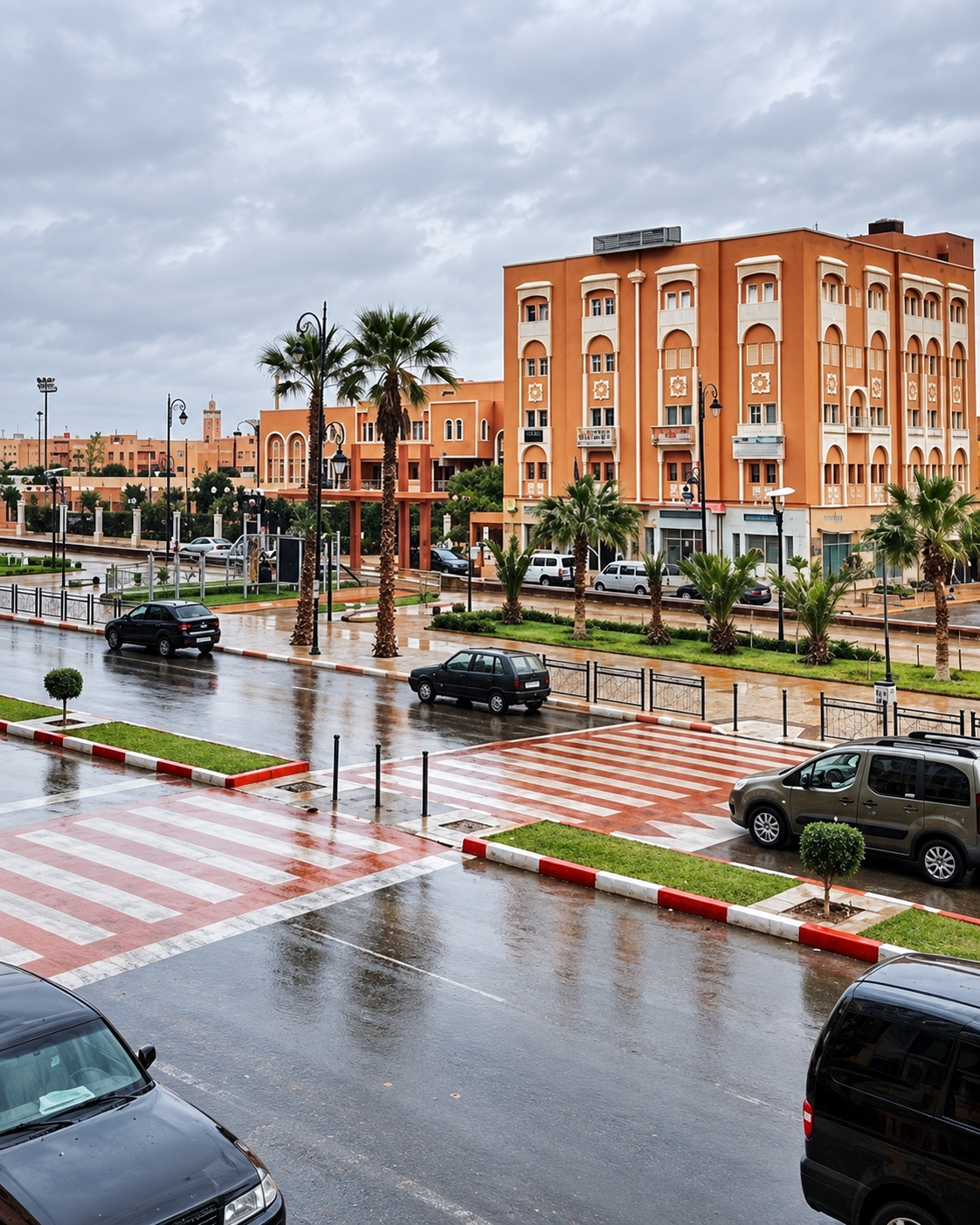 Wet avenue and palm-lined civic façades after rain in Laâyoune