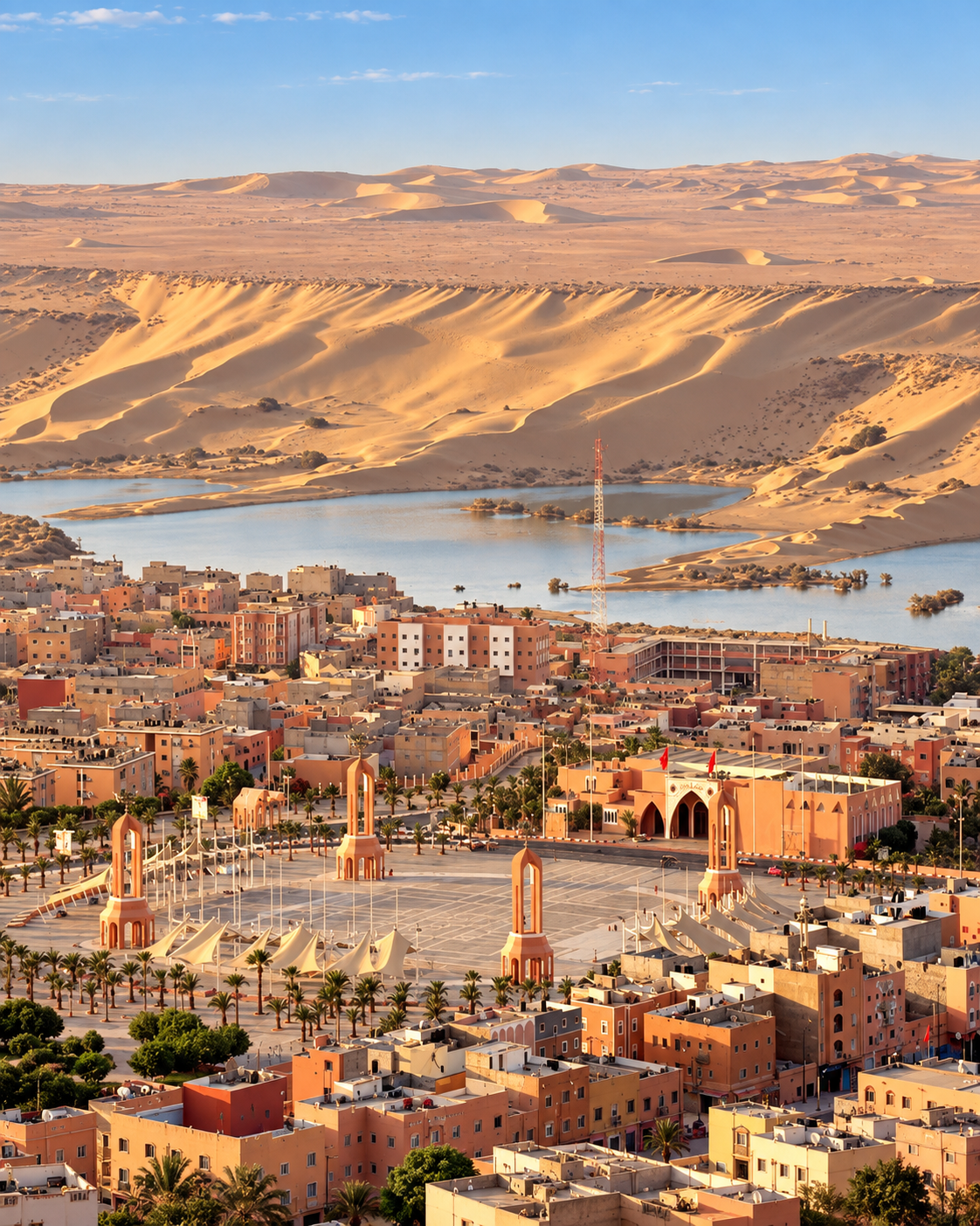 Laâyoune cityscape beside water and sand dunes in the Saguia el-Hamra landscape