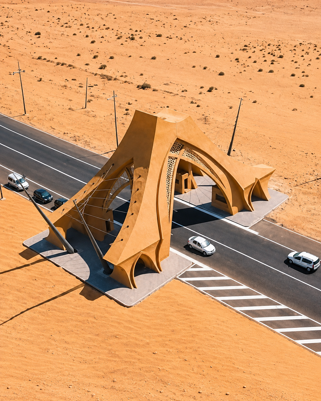 Sculptural road gateway seen from above at the desert edge of Laâyoune