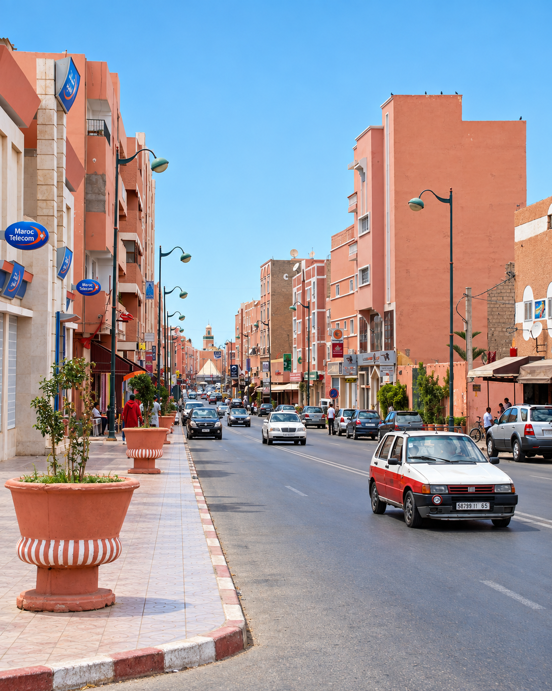 Shops, cars and pedestrians on a street in Laâyoune
