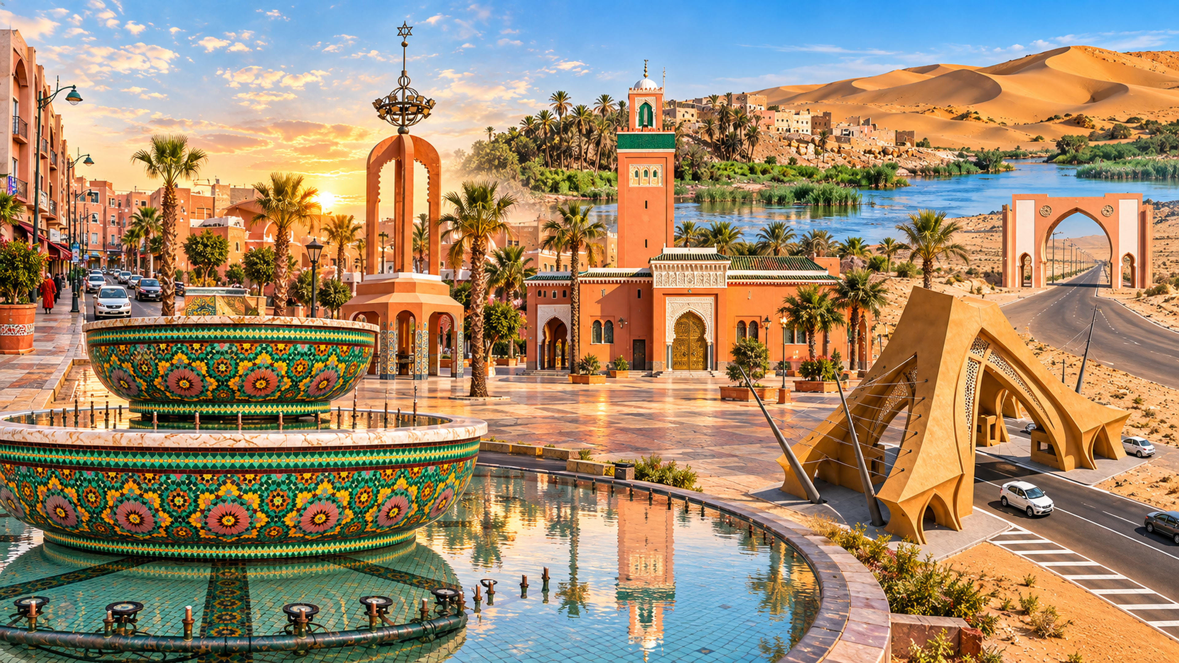 User-selected montage of Laâyoune avenues, civic monuments, a mosque, fountains and Saharan scenery