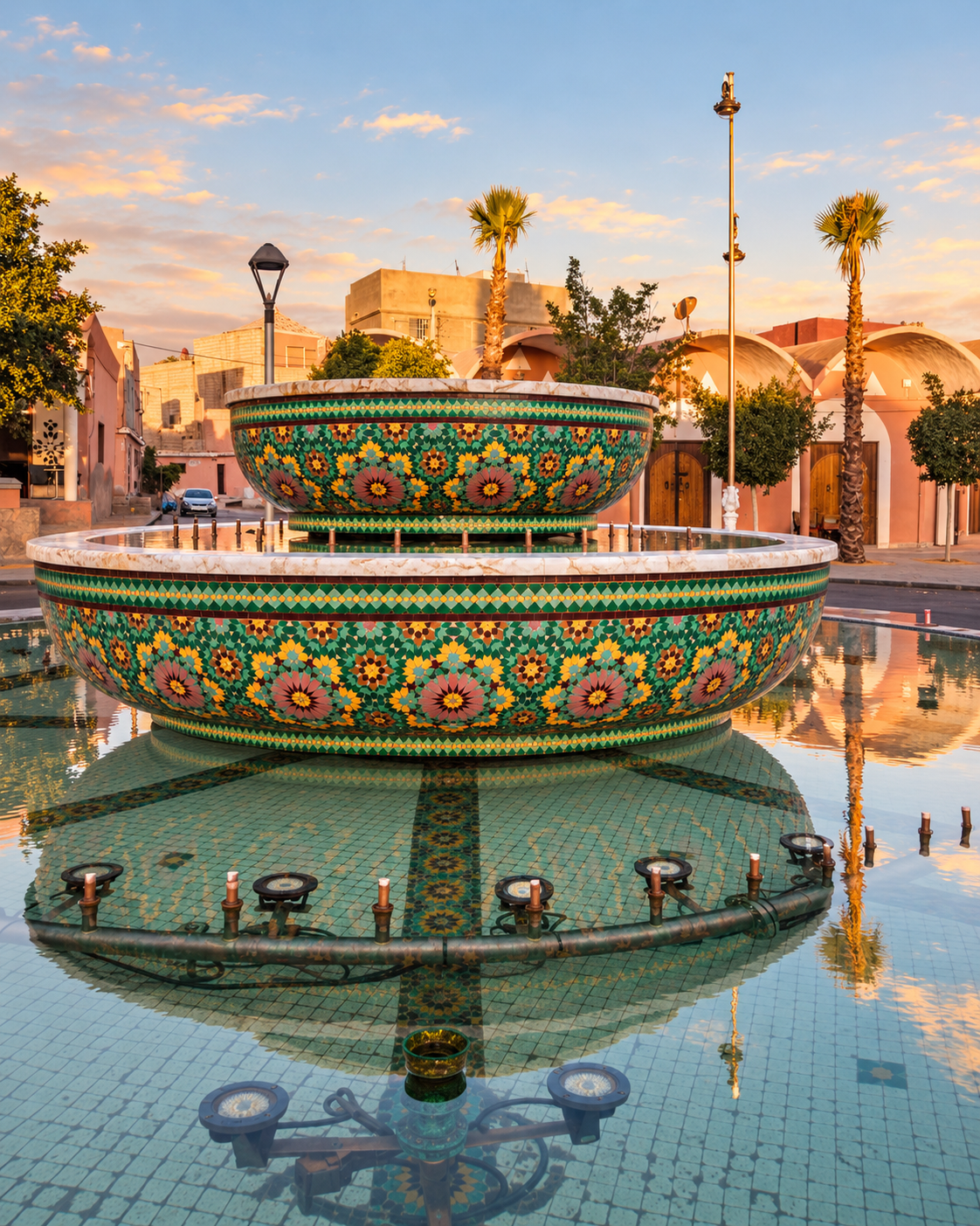 Patterned zellige fountain in a public space in Laâyoune