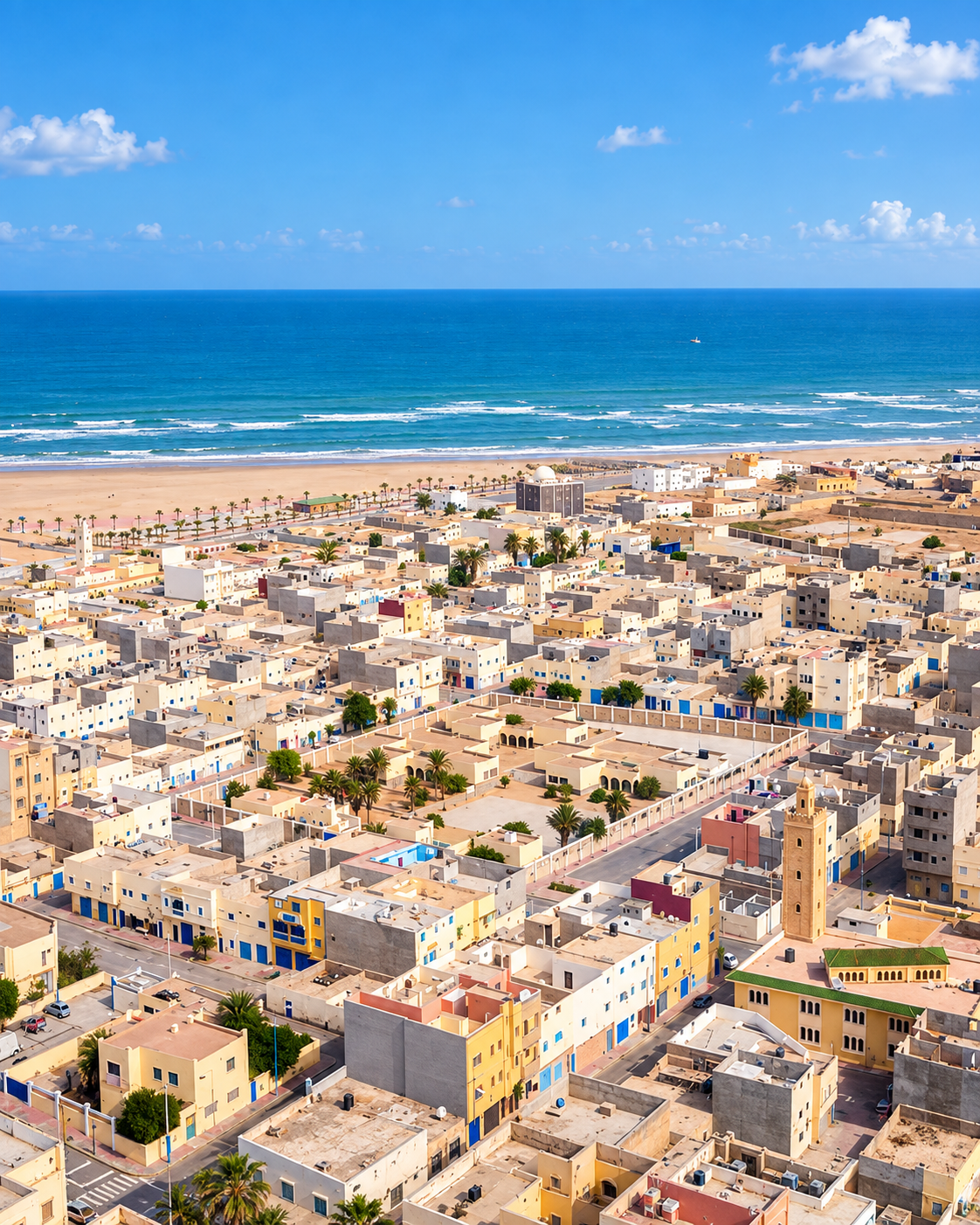 Tarfaya streets, low-rise buildings and the Atlantic coast seen from above