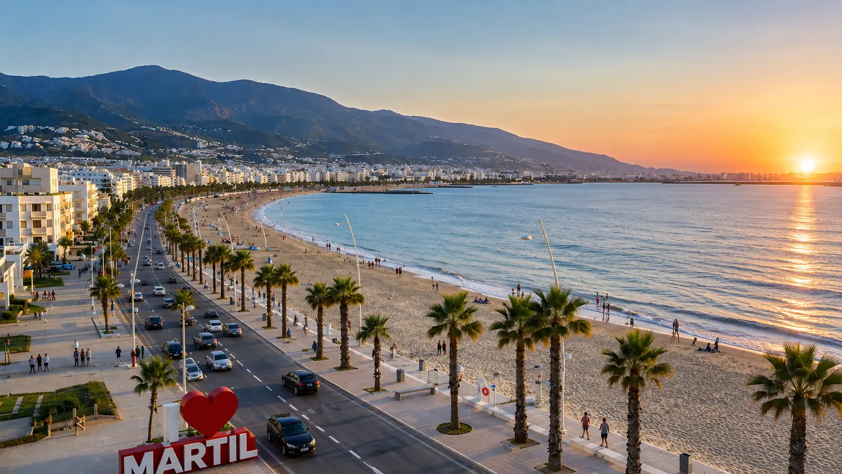Martil Coast at sunset with beach, corniche, palms, Mediterranean water and Rif mountains near Tétouan, Morocco