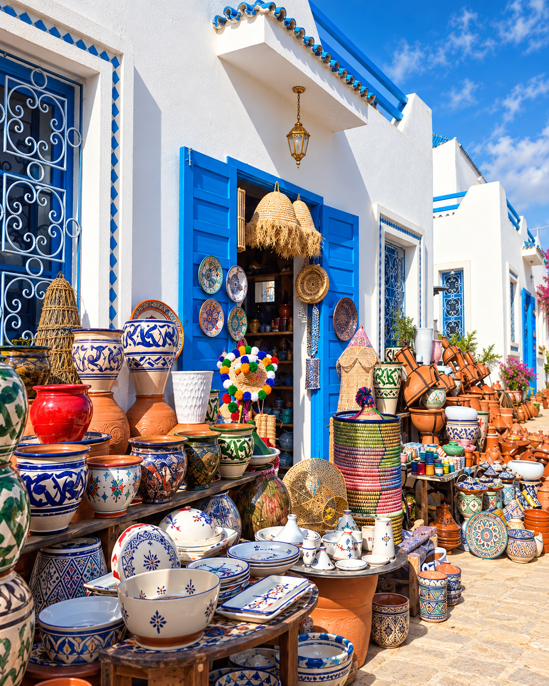 Artisan display against blue doors in M’diq-Rincón