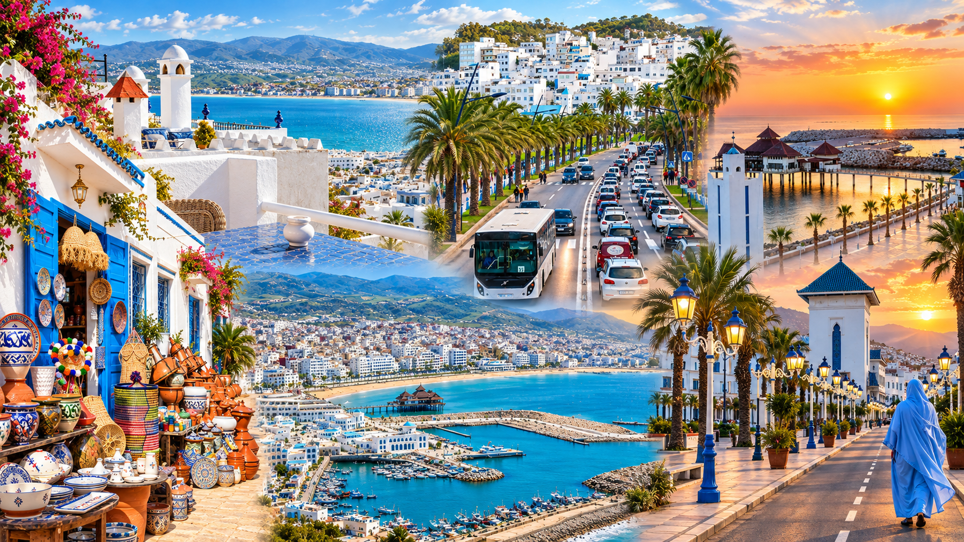 M’diq-Rincón collage with the bay, palm-lined streets, crafts and sunset waterfront