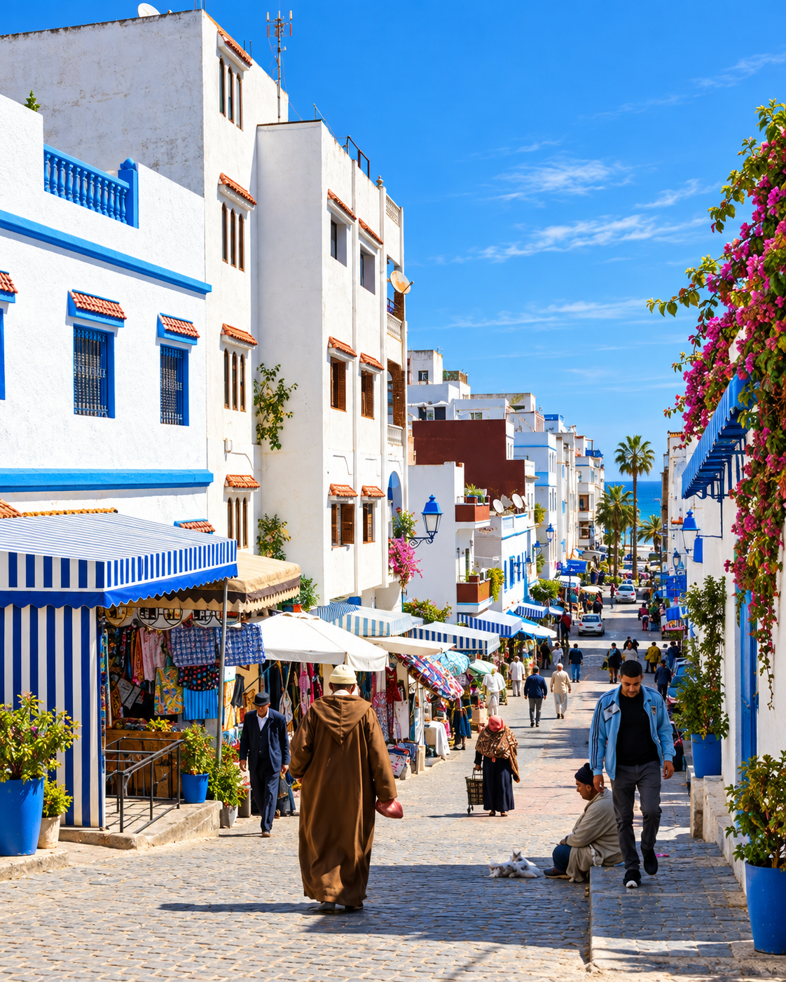 White and blue coastal street life in M’diq-Rincón