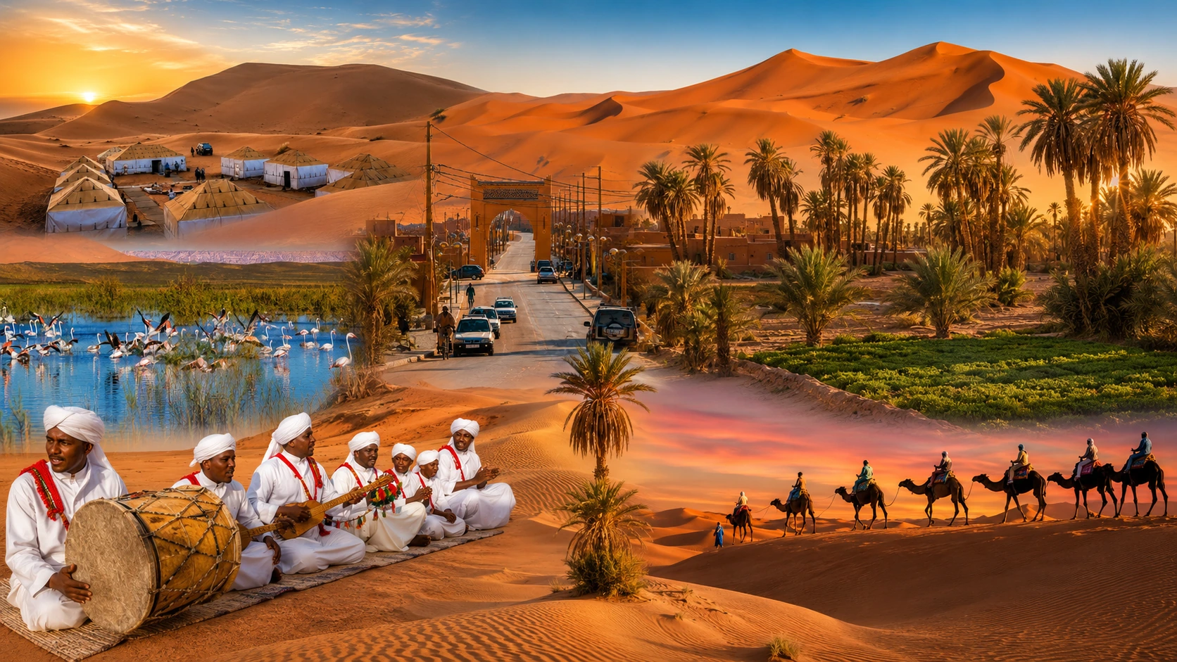 Merzouga collage of Erg Chebbi dunes, desert camp, oasis edge, flamingos, village gateway, musicians and camel caravan