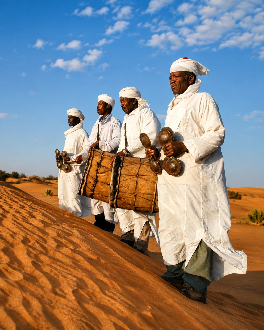 Gnawa musicians on the dunes near Khamlia and Merzouga