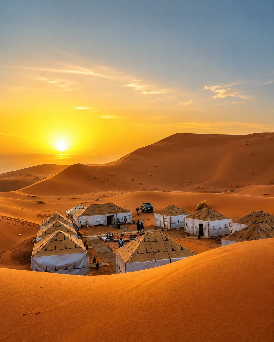Desert camp at sunset in the Erg Chebbi dunes