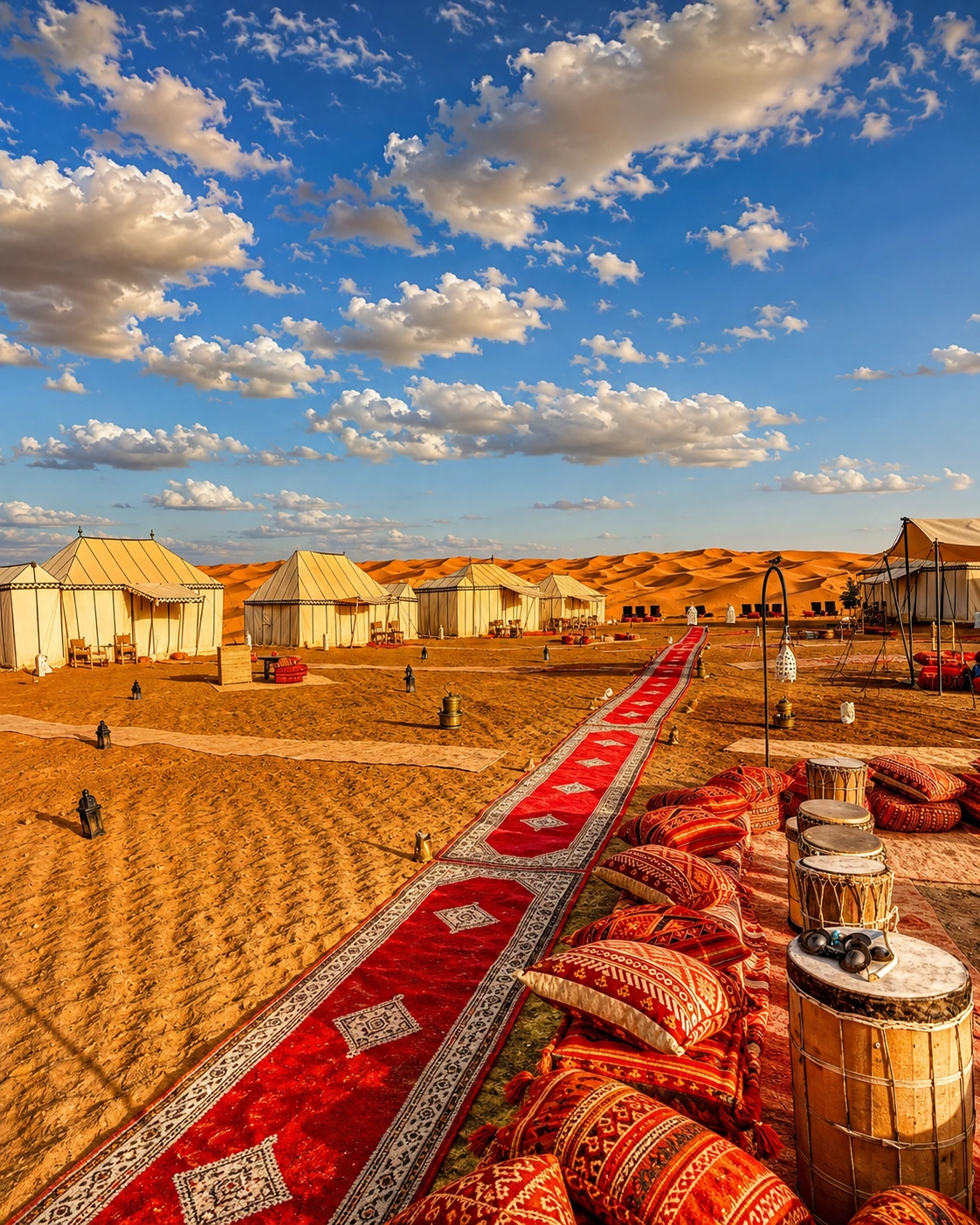 Desert camp with red carpet walkway in Merzouga