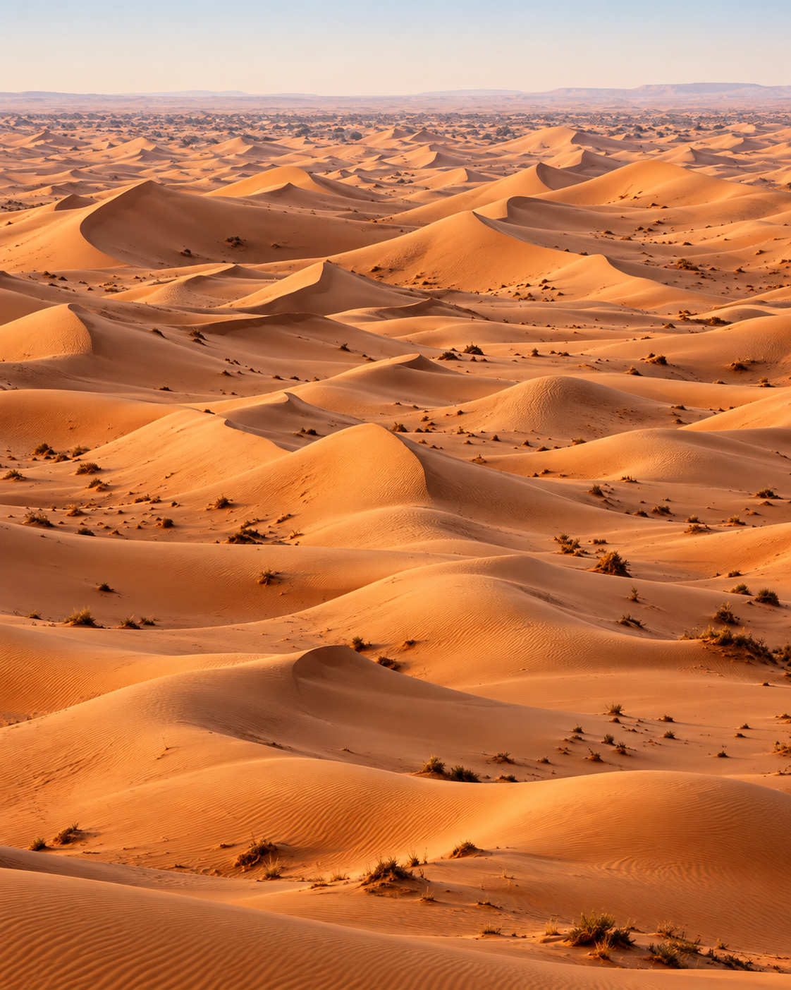 Rolling sand dunes and scattered desert vegetation at Erg Chigaga