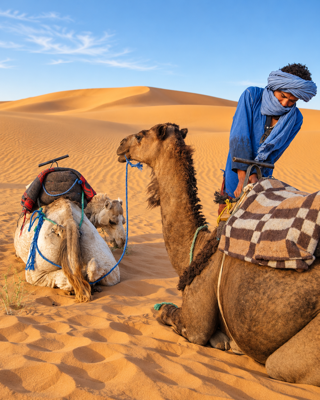 A desert guide tending saddled dromedaries on the sand