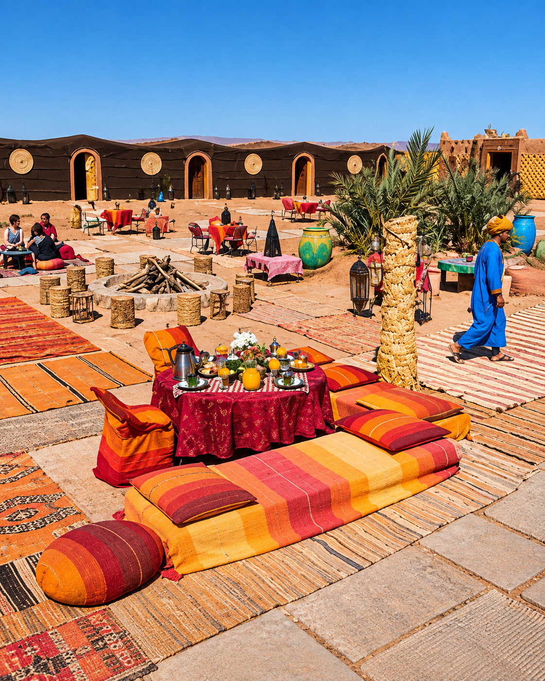 Textiles, low tables and a communal gathering in a desert camp courtyard