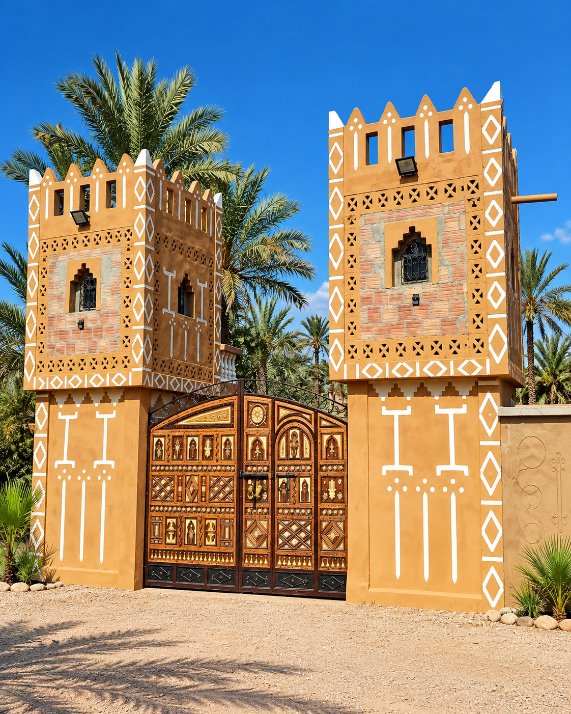 Geometric white decoration on an earthen-coloured gateway beside palms