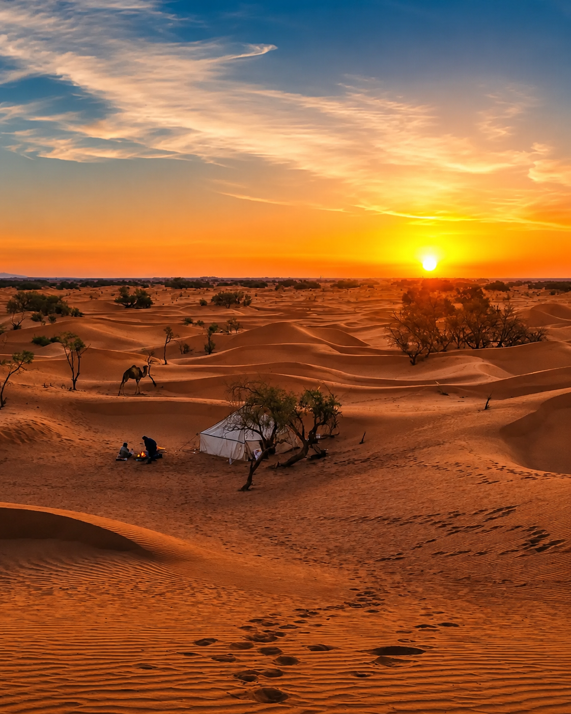 Low dunes, scattered trees and a small camp in evening light