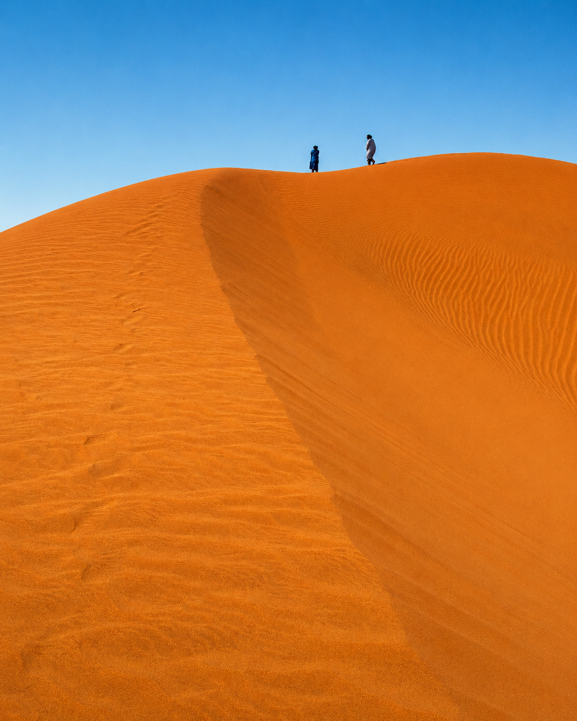 Two walkers on the crest of an orange sand dune
