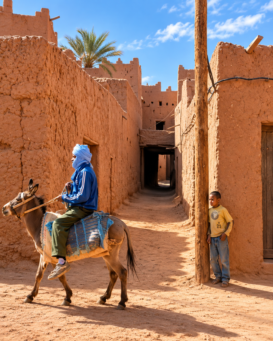 An earthen village lane with timber supports, a donkey and local residents
