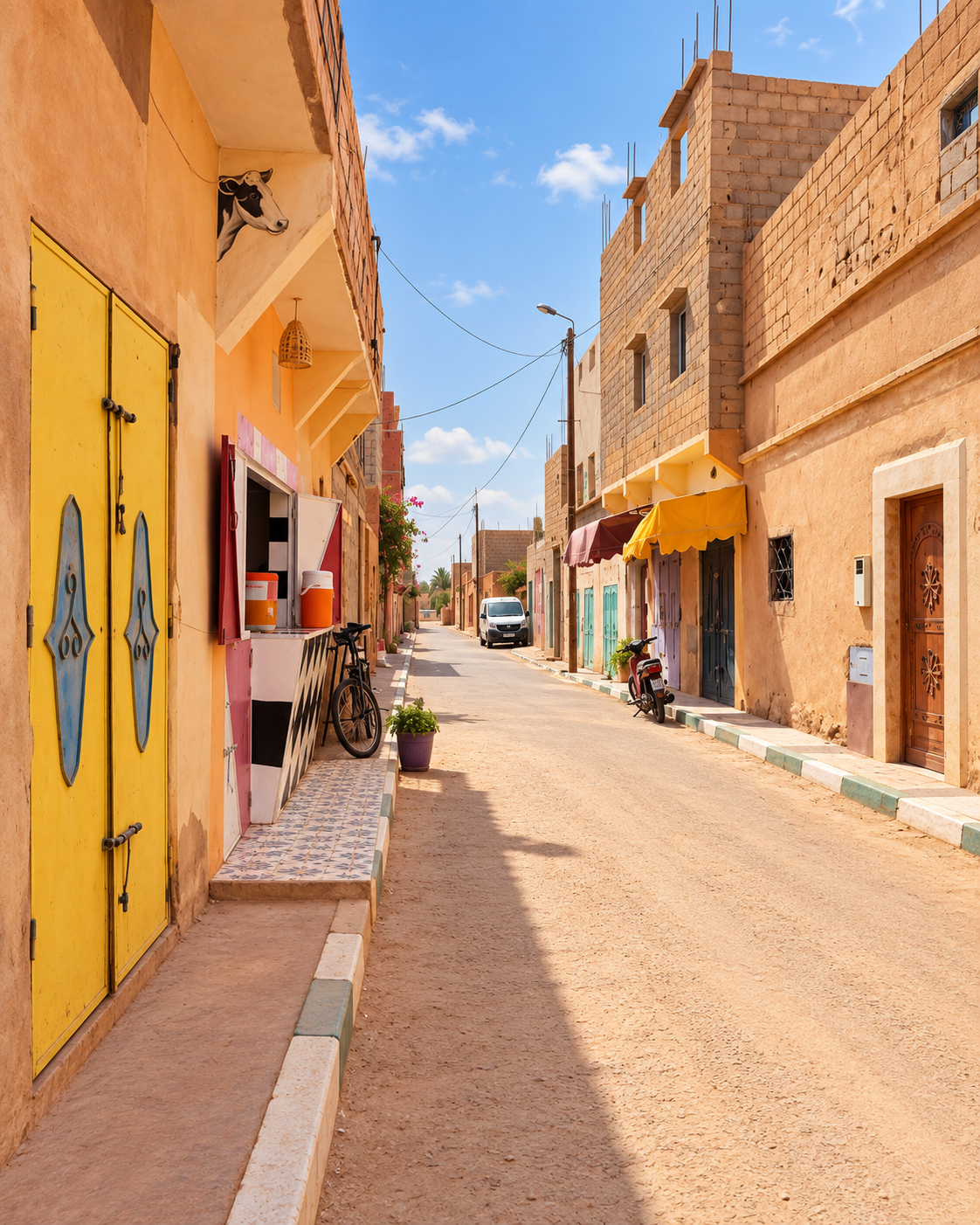 A narrow village street lined with small shops and coloured doors