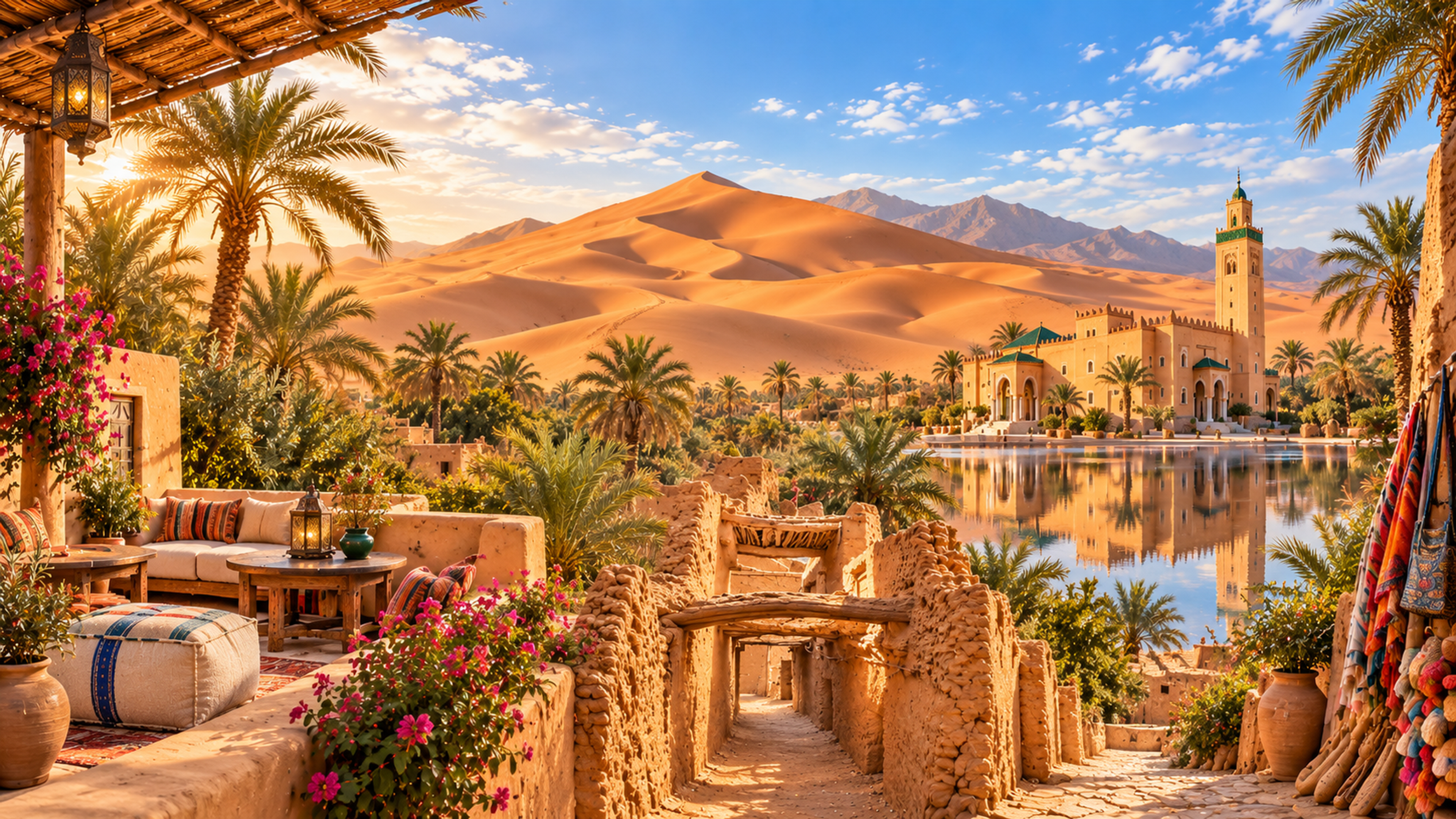 Editorial panorama combining Saharan dunes, palms, earthen architecture and a shaded terrace
