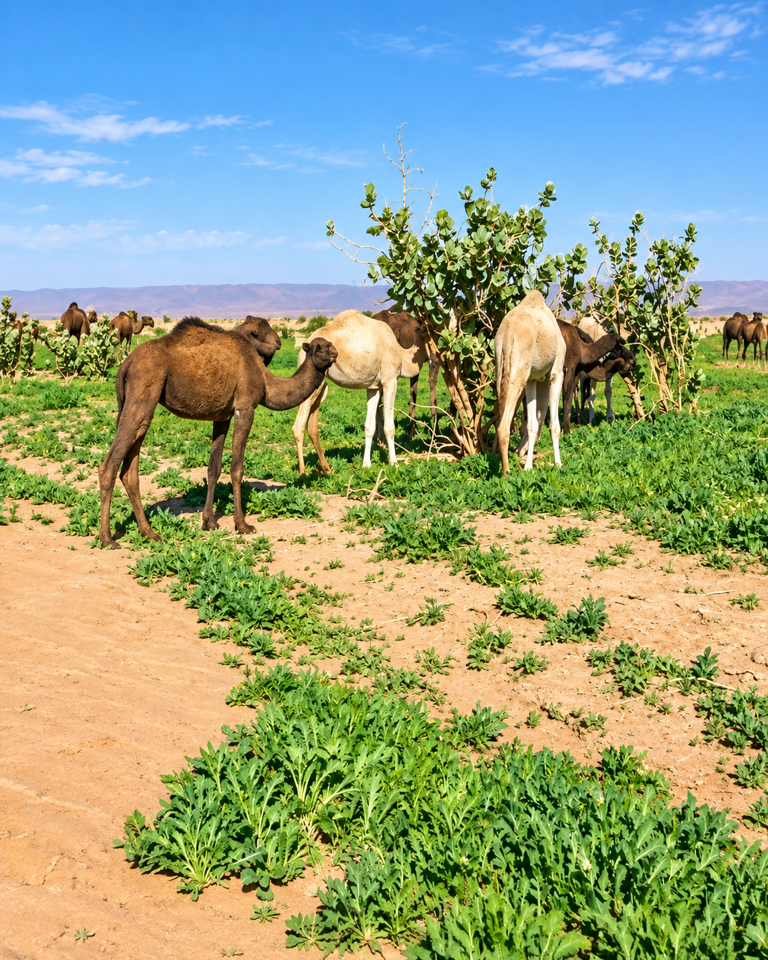 Dromedaries grazing on green cultivated ground beside the oasis