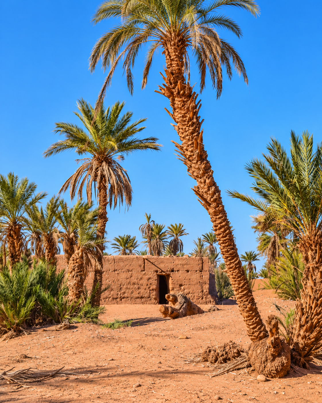 Date palms beside an earthen wall and sandy oasis path