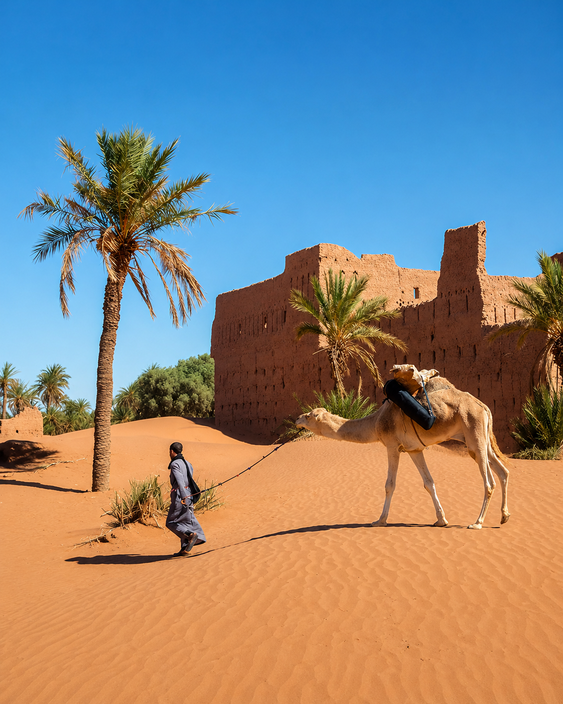 A dromedary and its handler beside palm trees and earthen village architecture