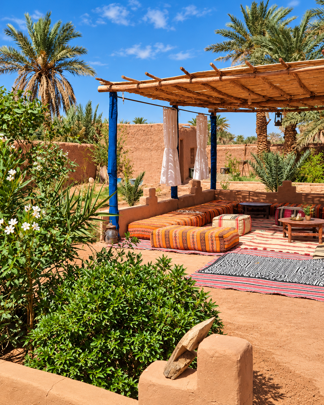 A garden terrace with cushions, greenery and a palm-frond canopy