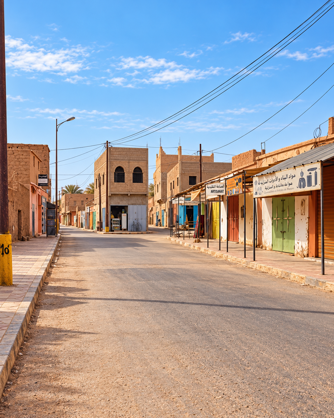 Quiet village street with low earthen-coloured shops and a square minaret