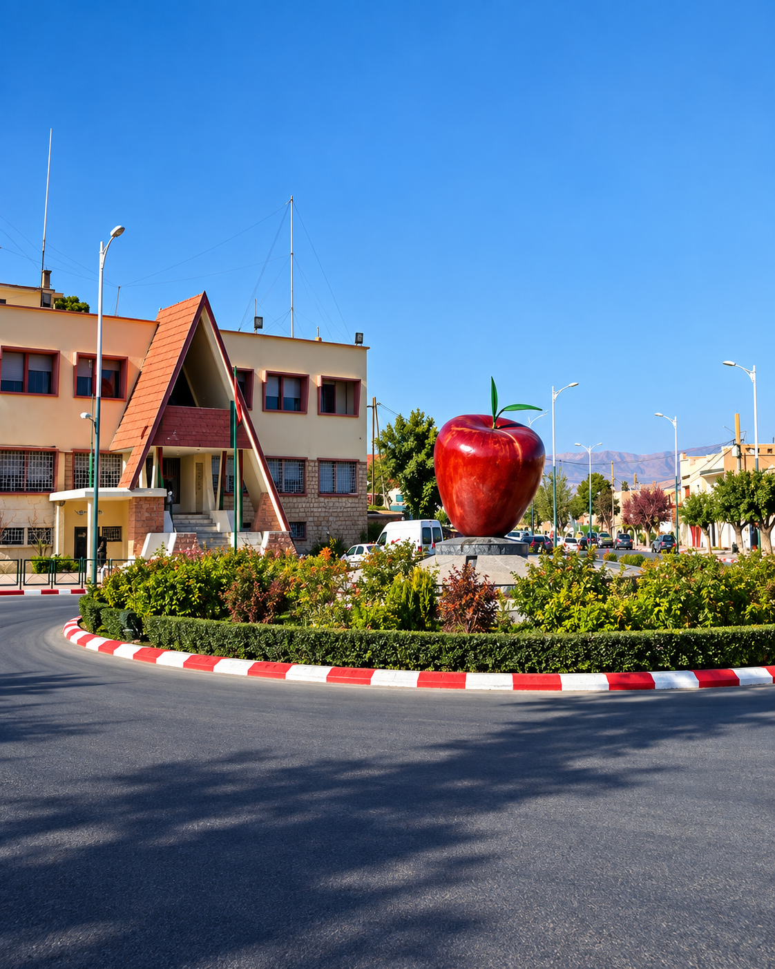 Midelt apple monument at a landscaped roundabout