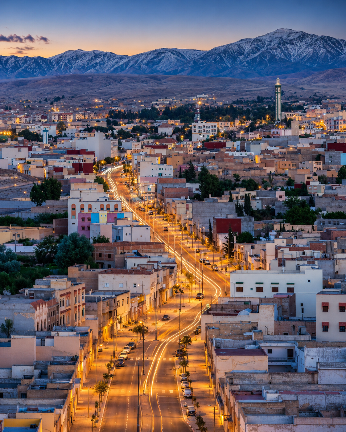 Midelt avenue at dusk with the Atlas mountain ridge beyond