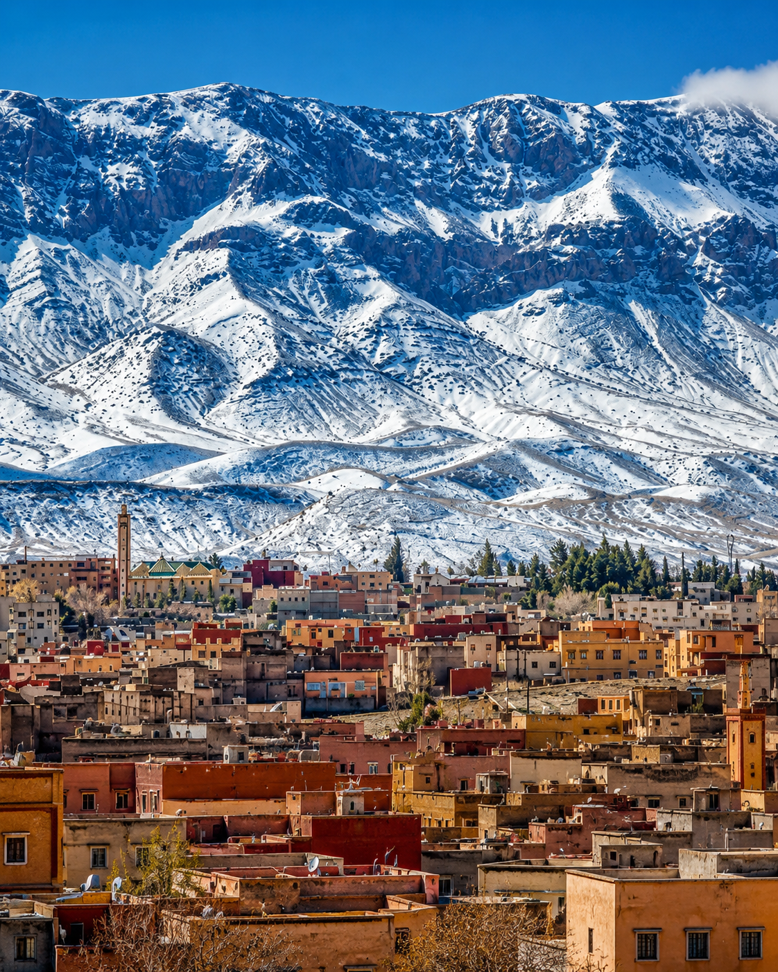 Snow-covered Jbel Ayachi rising beyond Midelt
