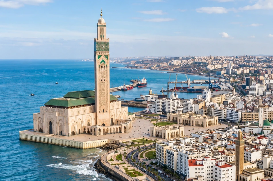 Casablanca Atlantic waterfront and Hassan II Mosque near Mohammedia
