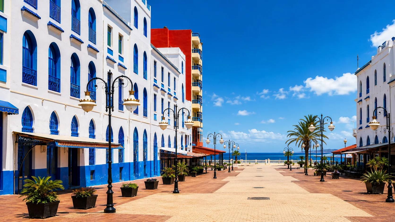 White and blue buildings beside a sunny palm-lined promenade in Larache