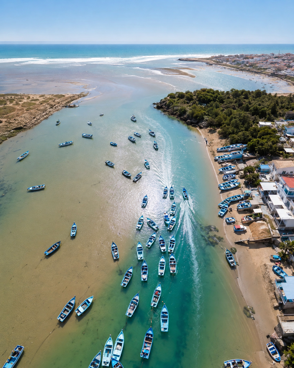Aerial view of the lagoon mouth, moored boats, sandbars and Atlantic breakers