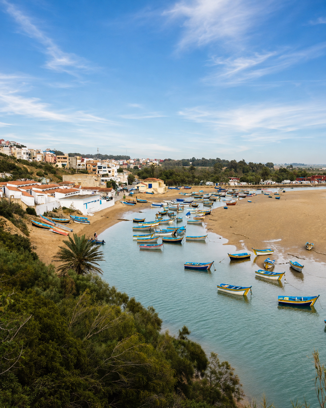 Fishing boats moored along a tidal channel between exposed sandbanks