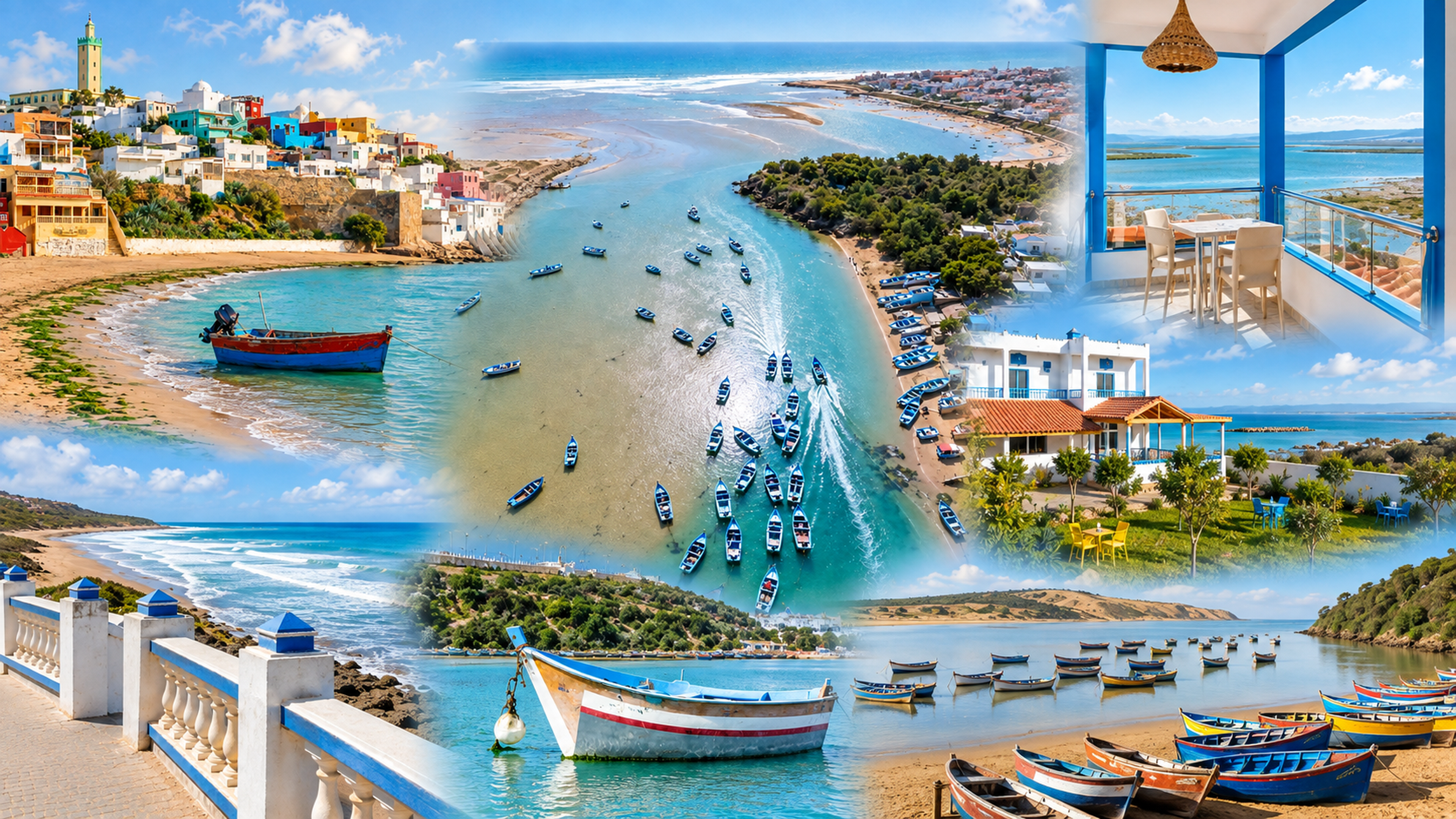 Collage of Moulay Bouslham, Merja Zerga, fishing boats and the Atlantic shore