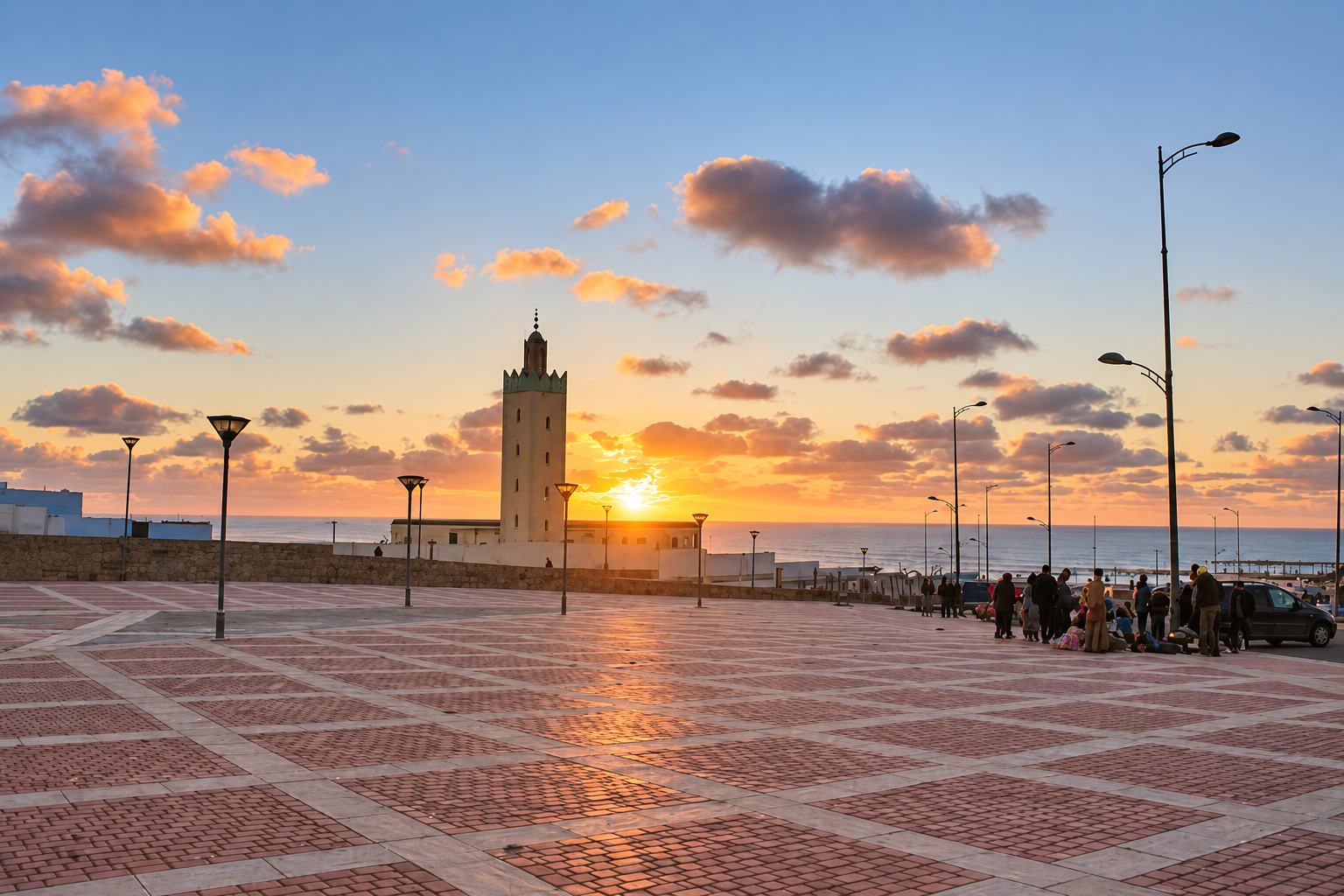 Mosque minaret and patterned seafront plaza in the light of the setting sun