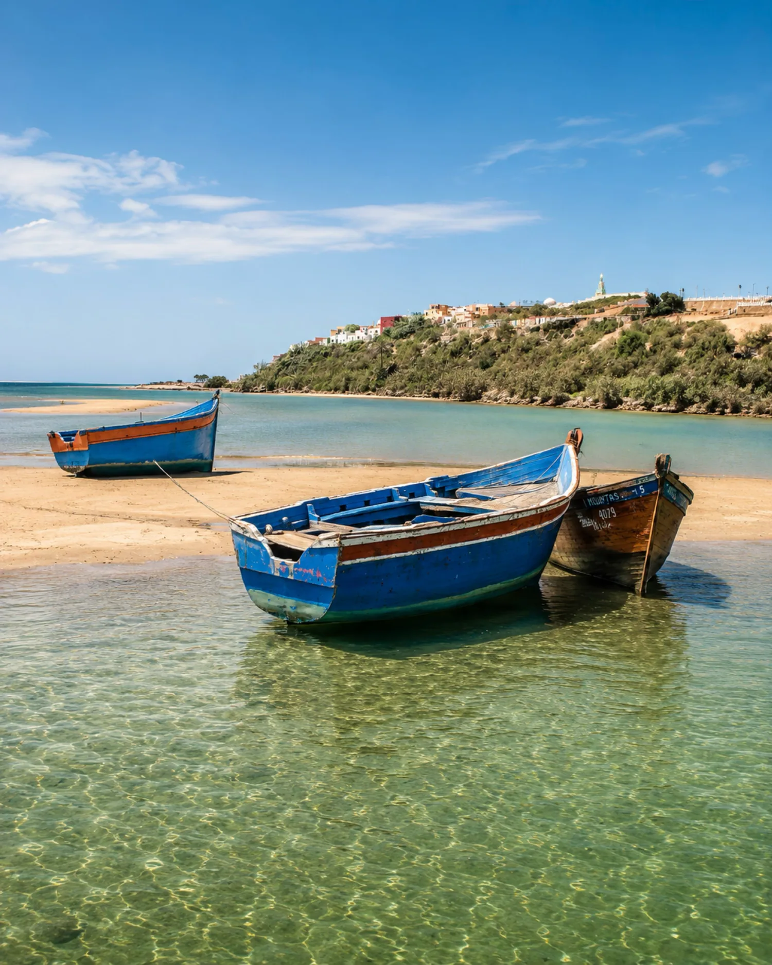 Blue fishing boats in the clear shallow water of Merja Zerga