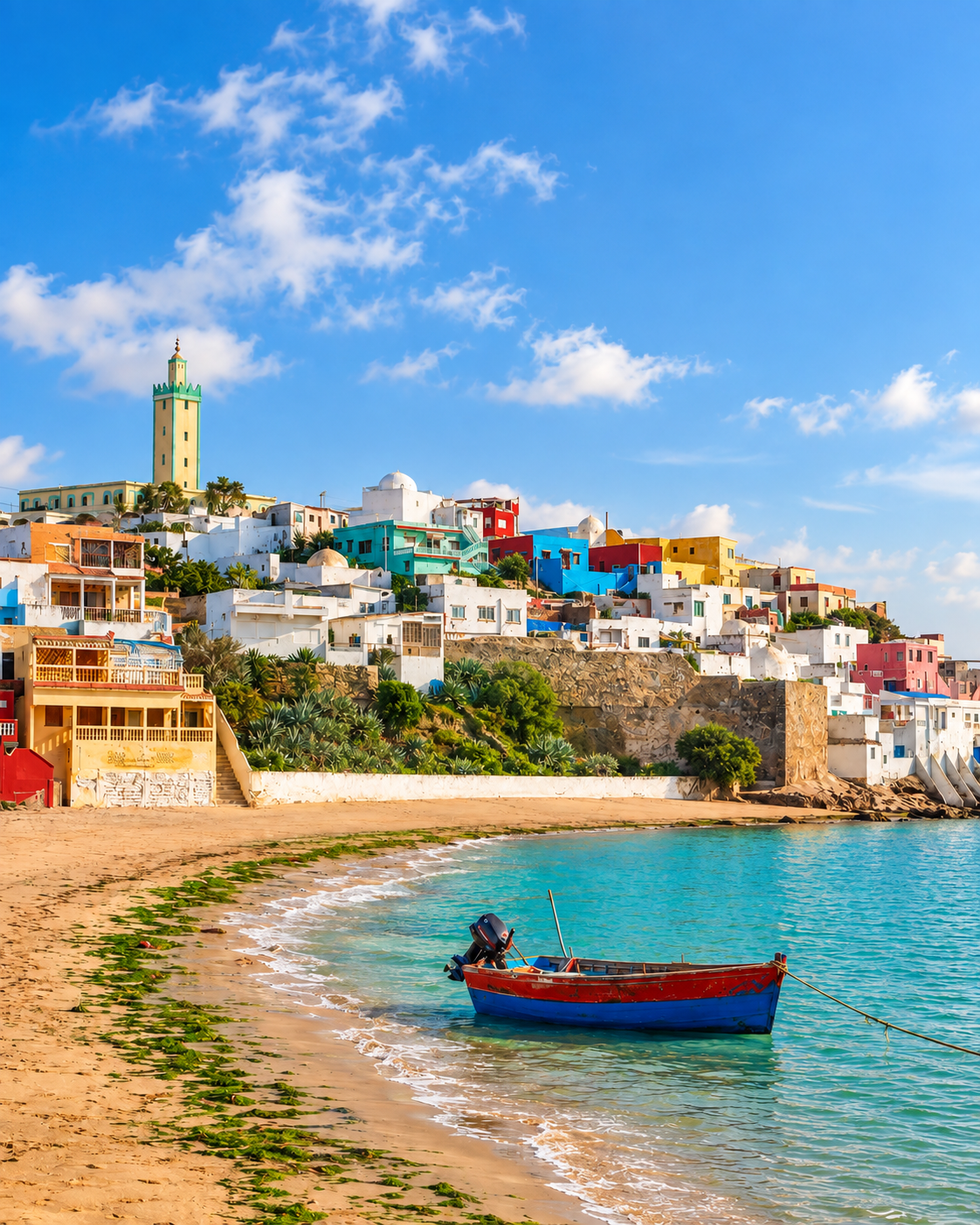 Colourful village houses and a minaret rising above a small fishing boat