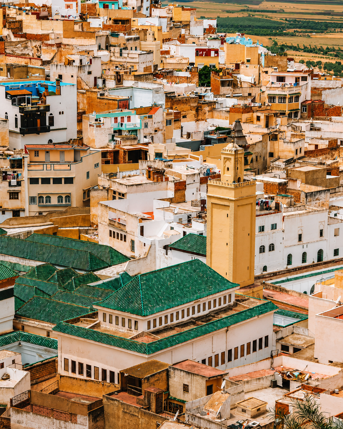 Green-roofed sanctuary quarter among the houses of Moulay Idriss Zerhoun