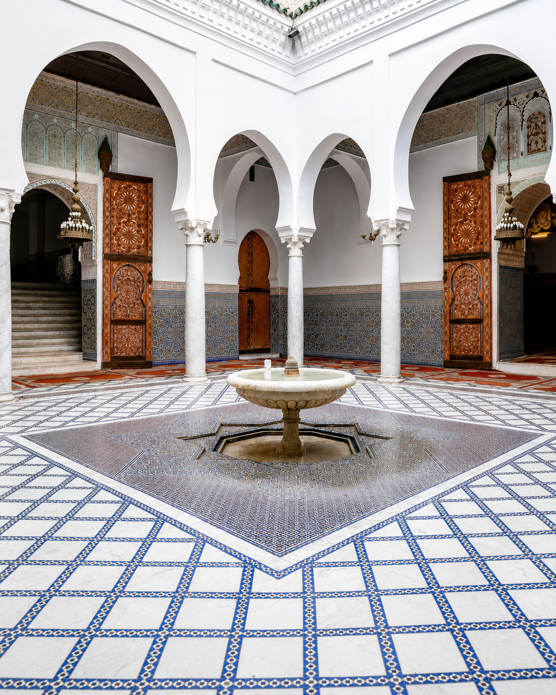 White arcaded courtyard with fountain and carved doors in Moulay Idriss Zerhoun
