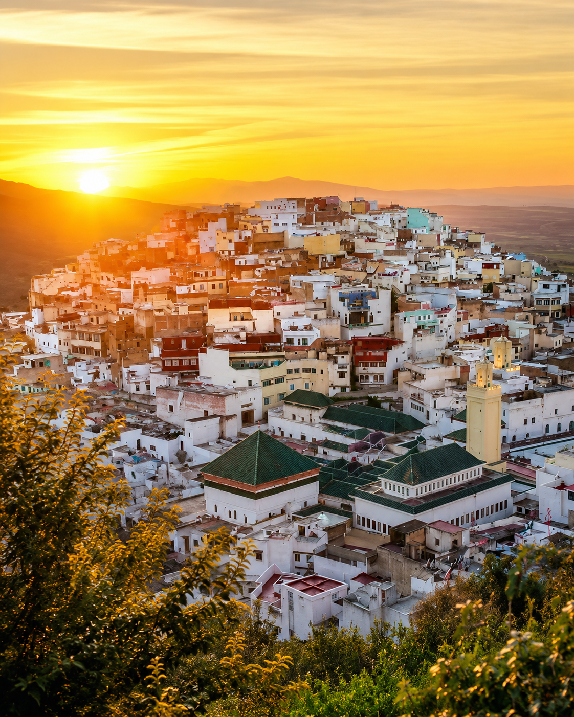 Moulay Idriss Zerhoun at sunset with white houses and green roofs