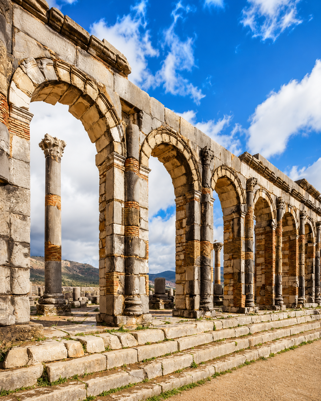 Stone arches and layered ruins at Volubilis