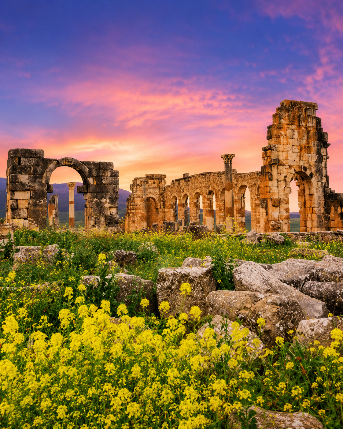 Volubilis ruins beneath a pink and gold evening sky