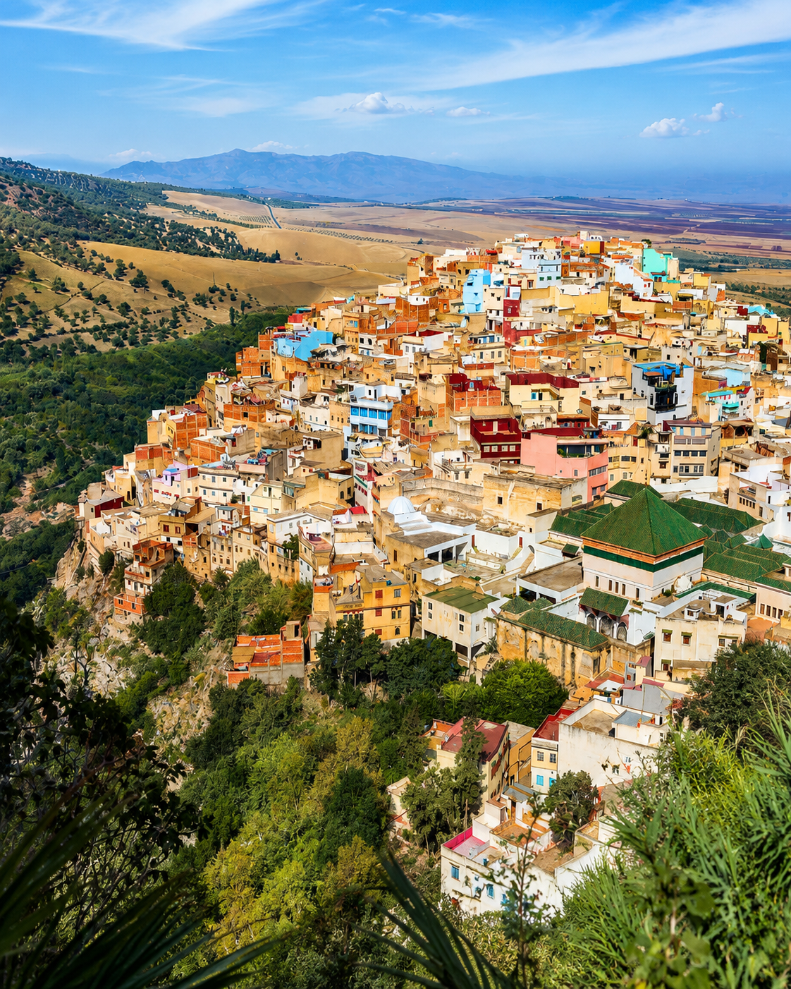 Moulay Idriss Zerhoun rising across the green slopes below Jbel Zerhoun