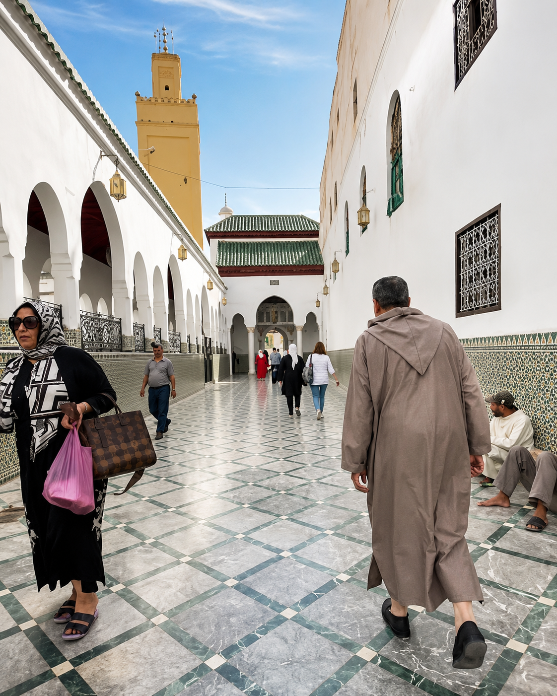 Arcaded sanctuary area and minaret in Moulay Idriss Zerhoun